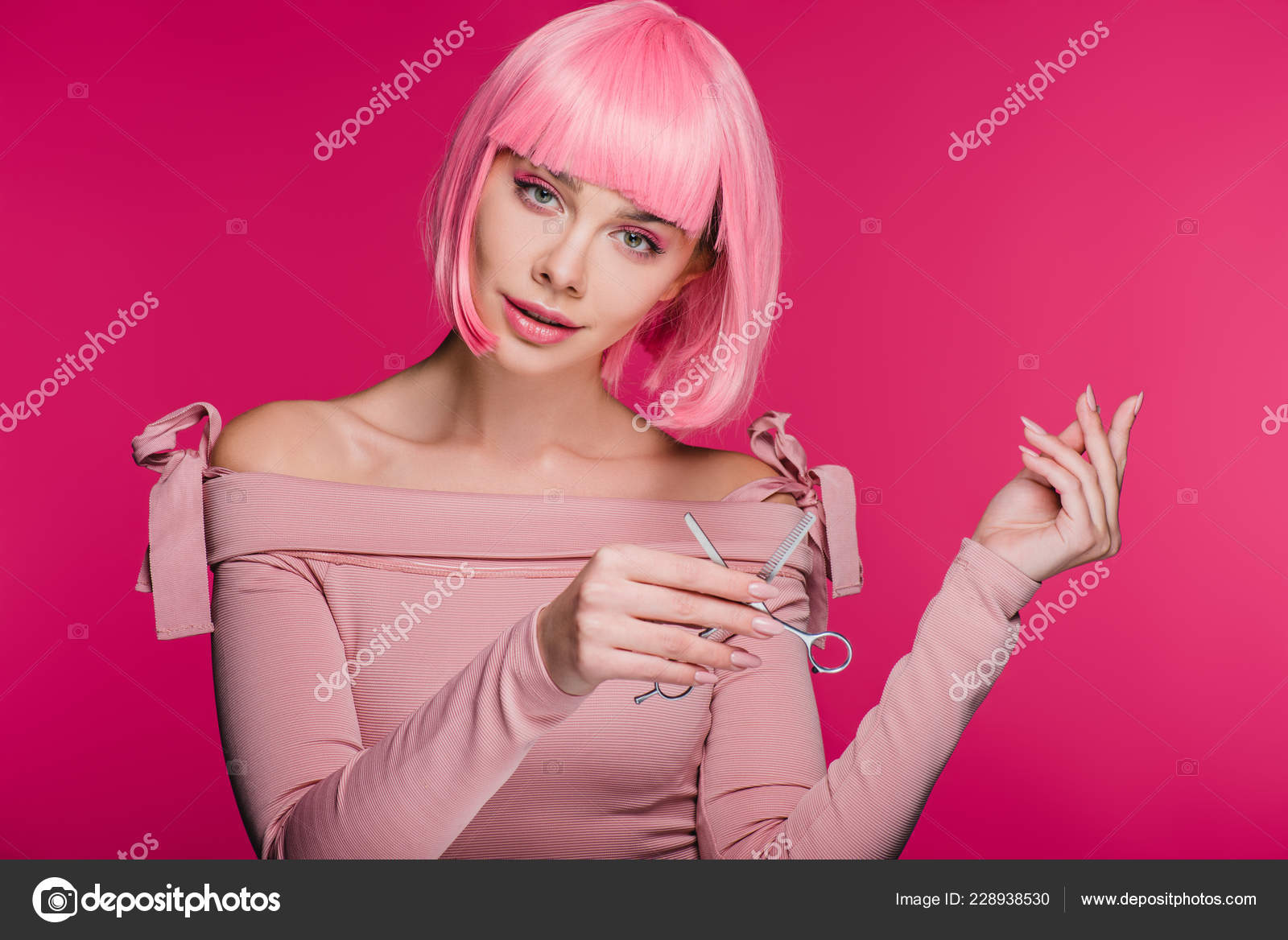 Fashionable Girl Pink Wig Holding Scissors Isolated Pink Stock Photo by  ©EdZbarzhyvetsky 228938530